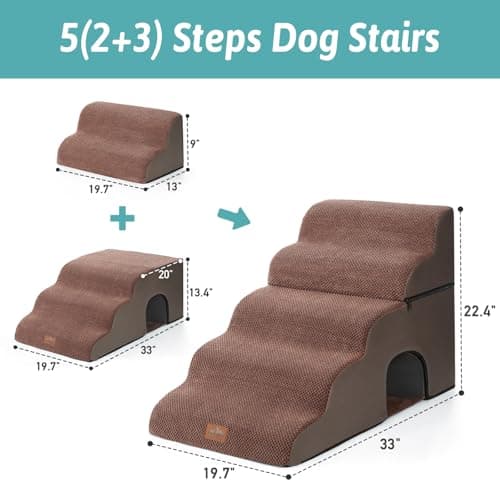 COZY KISS Wide Dog Stairs with Tunnel, Foam Detachable Large Dog Step for Small Pet, Puppy or Cats, Medium Pet Ramp for High Bed, Couch, Sofa or Car, 19.7x33x22.4 inch, 5 Step, Brown - Thumbnail 2
