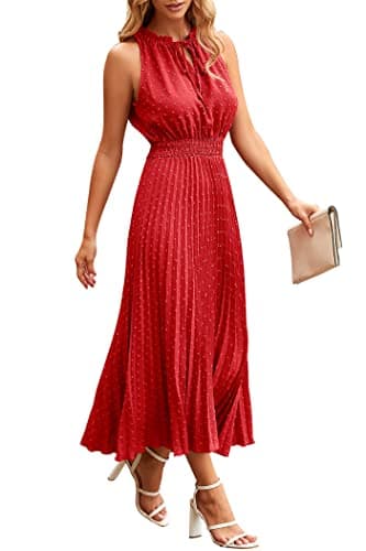 PRETTYGARDEN Women's Midi Summer Dresses Casual V Neck Swiss Dot Ruffle Sleeveless A Line Beach Sun Dress (Red,Small) - Image 1