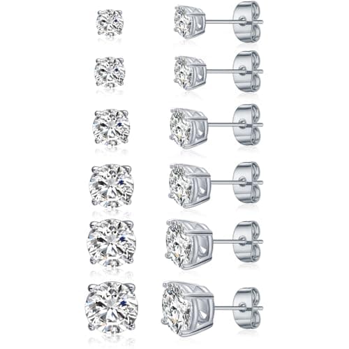 Gemsme 6 Pairs Cubic Zirconia Stud Earrings for Women/Men - Round Cut 4 Prong Settings 18K Gold Plated Hypoallergenic 3-8mm Clear Earrings Set - White Gold - Image 1