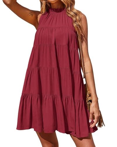 Okiwam Womens Summer Dress 2026 Sleeveless Halter Neck Flowy Mini Sundress Casual Babydoll Spring Beach Vacation Clothes-M Wine Red - Image 1