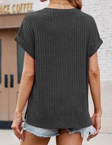 JUSTFASHIONNOW Short Sleeve Shirts for Women Dressy Casual Summer V Neck Tops Loose Fit Plus Size Basic Tee 2026 Trendy Spring Outfits Black XL - Thumbnail 5