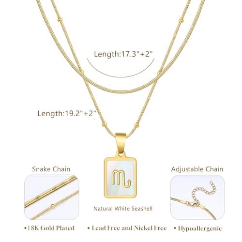 LETFLY Scorpio Zodiac Gold Necklace Stack for Women, 18K Gold Plated Square Shaped Pendant with Adjustable Layered Snake Chain for Women Jewelry Gifts - Thumbnail 4