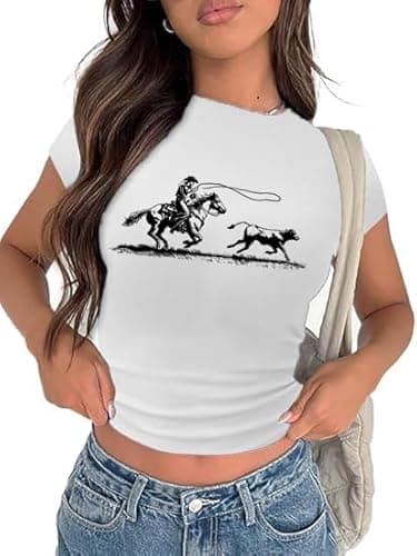 Tewmeu Cropped Cowgirl Outfits for Women Western Rodeo Crop Tops Cowboy Country Concert Graphic Tees - Image 1