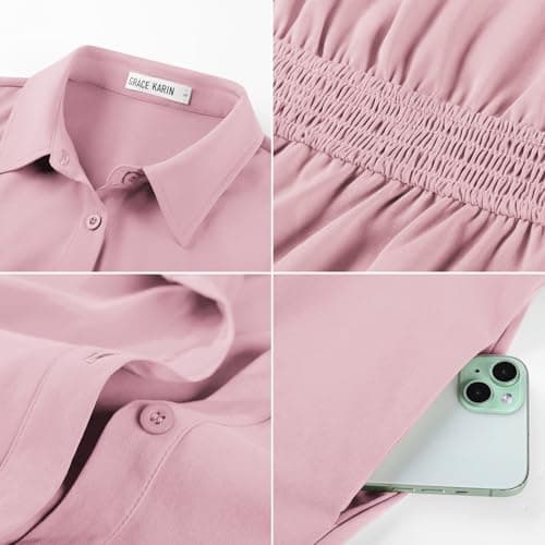 GRACE KARIN Womens Short Sleeve Shirt Dresses 2026 Summer Midi Button Down Dress Work Business Casual Dress with Pockets Pink 2XL - Thumbnail 6