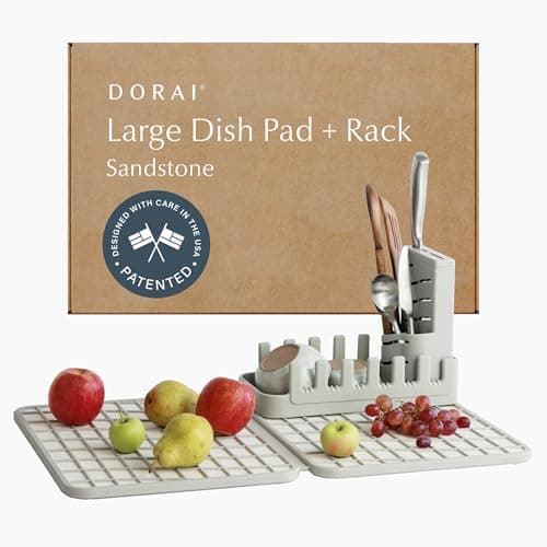 Dorai Home Collapsible Dish Drying Rack and Stone Dish Pad – Large Foldable Drying Rack with Instant - Dry Stone Mat – Space-Saving Drainer for Kitchen Counter - 24.6" x 16.5", Sand - Image 1