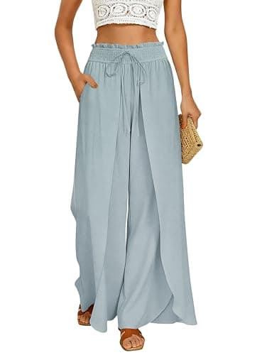 GRACE KARIN Womens Wide Leg Summer Pants Flowy Side Split Palazzo Beach Pants Boho High Waisted Trousers Light Blue XL - Image 1