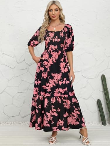 Lyrur Summer Smocked Dresses with Pockets Puff Sleeve Square Neck Smocked Tiered Ruffle A-Line Flowy Maxi Sundress(M,7017-Black Pink Floral) - Thumbnail 3