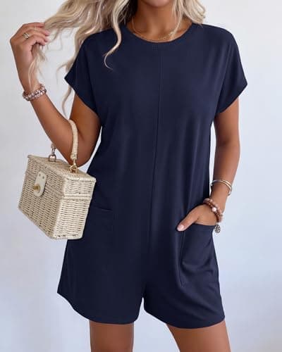 BTFBM Rompers for Women Summer 2026 Casual Dressy One Piece Shorts Tshirt Pants Jumpsuit Beach Vacation Clothes Outfit(Navy Blue, Small) - Thumbnail 3
