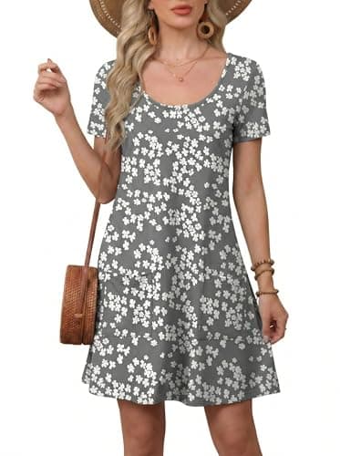 Moodclo Women's Summer Dresses Grey Sakura Large 2025 Loose U Neck Short Sleeve Casual T Shirt Dress Sundresses Swimsuit Coverup with Pockets - Image 1
