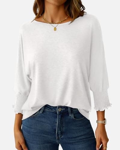 NORACORA Women's 3/4 Sleeve Tops Loose Fit Shirts Dressy Casual Crew Neck T Shirts for Women Basic Tees Shirt with Smocked Cuffs 2025 Fall Fashion Blouse White S - Thumbnail 2