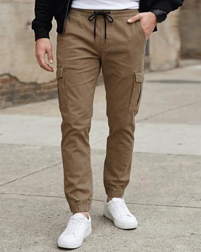 DISLANBO Mens Jogger Pants Casual Lightweight Cargo Pants Drawstring Elastic Waist Tapered Leg Pants with Pockets Coffee S - Thumbnail 5