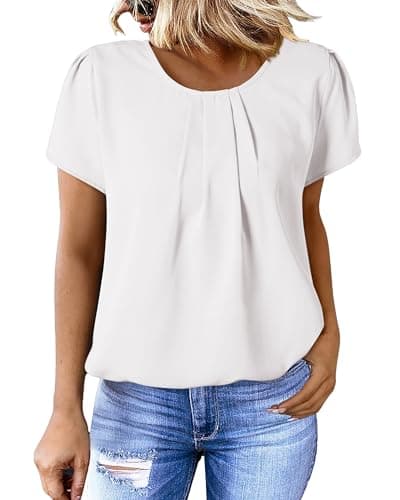 PRETTYGARDEN Women's Tops 2026 Casual Summer Round Neck Short Sleeve Basic Pleated Loose Fit Blouses Plain Tunic Shirts(White,X-Large) - Thumbnail 2