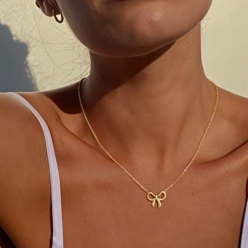 Fimhut Gold Necklace for Women Girls Easter Basket Stuffers - 18K Gold Plated Dainty Necklace Cute Small Tiny Bow Pendant Choker Chain Necklaces Trendy Necklaces for Women Girls Teenage - Thumbnail 2