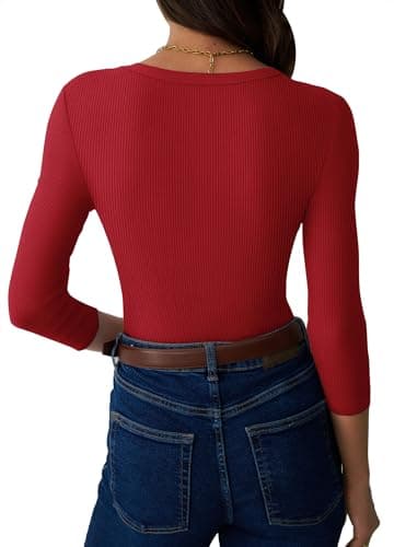GKBK Womens 3/4 Sleeve Tops Ribbed Slim Fitted Tight Basic T-Shirts Crewneck Cute Layering Lightweight Fall Sweaters 2025 Fashion Outfits Red - Thumbnail 4
