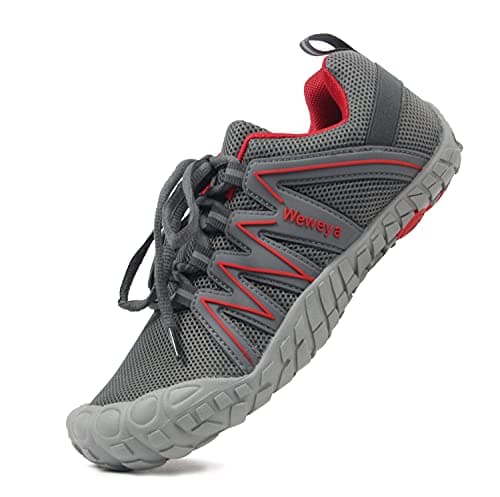 Weweya Women's Minimalist Barefoot Shoes Low Zero Drop Trail Running 5 Five Fingers Wide Toe Box for Female Lady Flat Heel Comfortable Treadmill Grey Red US Size 10 - Thumbnail 4