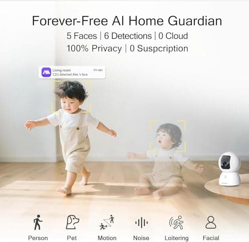 3K 5G Wi-Fi Security Camera Indoor, Backup Battery for Power Outage Protection, Free AI Tracking Facial ID, 5MP Pet/Dog Camera w/ Speaker & Phone App, PTZ Baby Monitor, 0-Glow Night Vision, 2-Way Talk - Thumbnail 5