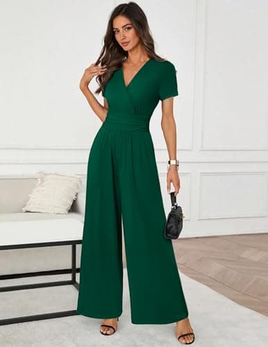 LOOKBOHO Jumpsuits for Women Dressy Casual Short Sleeve Deep V Neck Summer Romper High Waist One Piece Outfits Green L - Thumbnail 4