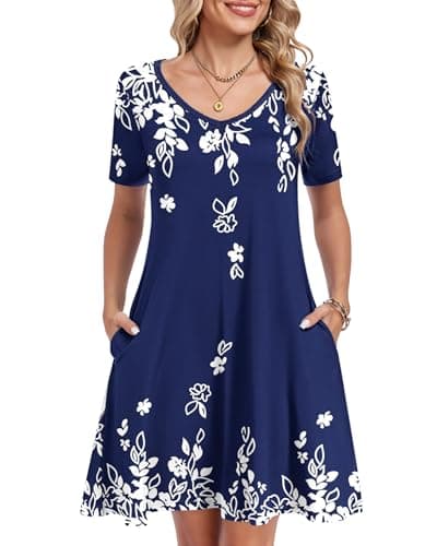 AUSELILY Summer Dresses for Women Short Sleeve V Neck Tshirt Swing Floral Vacation Beach Mini Dress with Pockets 2026 Navy Blue White Floral 3XL - Thumbnail 4