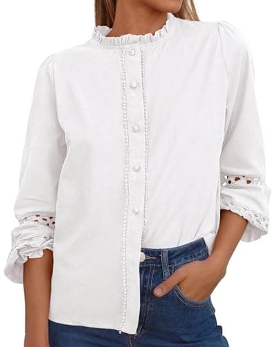 KIRUNDO Going Out Tops for Women 2026 Spring Fashion Boho Cotton Eyelet Long Sleeve Button Up Shirt Lace Dressy Casual Blouse(White, Large) - Image 1