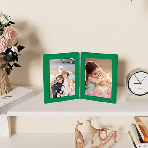 decorUhome Double 5x7 Picture Frame Vertical, Engineered Wood Bifold Photo Frame with Plexiglass for Tabletop Display, 5x7, Green - Thumbnail 6