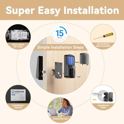 IRONZON Smart Door Lock Deadbolt Lock with Touchscreen Keypad, Fingerprint Door Lock for Front Door, 5-in-1 Keyless Entry Door Lock, App Control, 4 IC Cards, Auto Lock, 15-Min Installation - Thumbnail 6