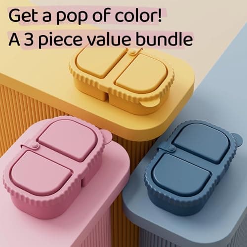 DRNKNSTX 3 Pack Reusable Silicone Snack Containers with Lids, 8.5oz 2 Compartment Snackle Box Containers, Ideal Portable Small Snack Pack Containers for School, Office and Picnic (Blue, Pink, Yellow) - Thumbnail 3