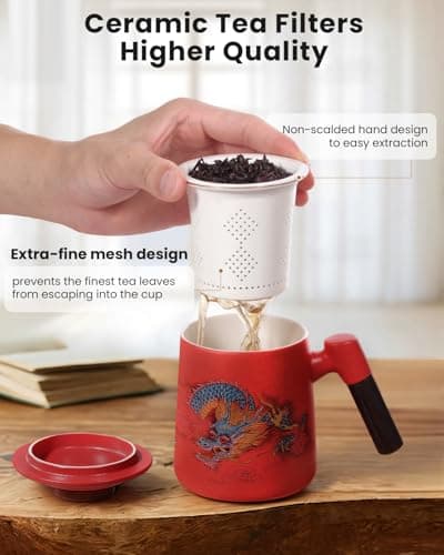 Foinly Ceramic Tea Cup with Infuser and Lid, 13.5 oz Tea Mug for Loose Leaf Tea,Wood Handle,Chinese Dragon Design,All Porcelain Strainer,BPA-Free, Perfect for Tea Lovers/Birthday/Easter (Red） - Thumbnail 2
