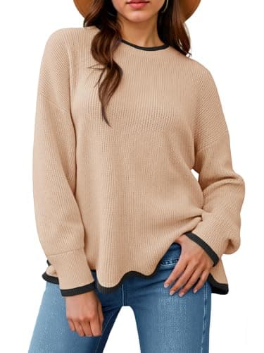 Saodimallsu Womens Sweater Long Sleeve Pullover Soft Knit Khaki Crewneck Jumpers with Wave Hem Knitted Top 2025 - Image 1