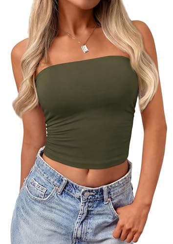 PRETTYGARDEN Women Tube Tops Strapless Going Out Crop Top 2026 Spring Fashion Y2K Summer Bandeau Shirt Beach Vacation Clothes (Army Green,Large) - Image 1
