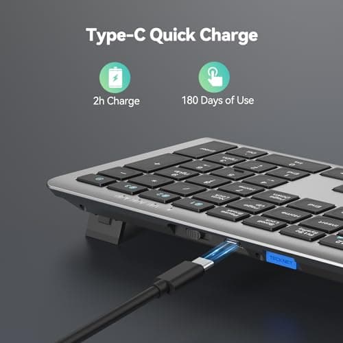 TECKNET Bluetooth Keyboard Rechargeable, 4-Device Free Switching (2.4G+BT), Ultra-Slim Full Size Wireless Keyboard, Quiet Typing, for PC/Laptop/Smart TV/Phone, Adjustable Stand, 12 Multimedia Keys - Thumbnail 3