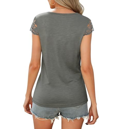 Womens Tops V Neck Short Sleeve T Shirts Womens Summer Tops Casual Soft Basic Lace Tops Spring Summer Tees Clothes 2026 Gray - Thumbnail 3