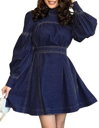 POTILI Denim Dress for Women Puff Long Sleeve, Mock Neck Babydoll Jean Mini Dress with Tie and Pocket Dark Blue - Image 1