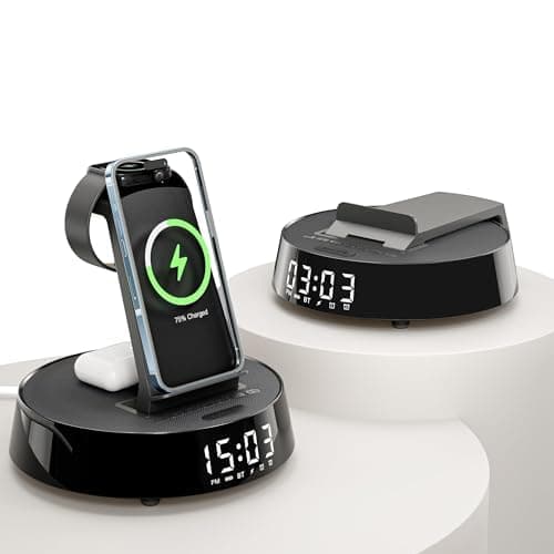 Alarm Clock with Wireless Charging Station, Clock for Bedroom with Dimmable Night Light Bluetooth Speaker, Wireless Charger Dock Station for iPhone 17 16 15 14 13 12 Pro Max, Apple Watch, AirPods Pro - Image 1