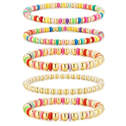 M MOOHAM Easter Gifts for Kids Teens Women Toddlers - Birthday Gifts for 8 9 10 11 12 13 14 15 Year Old Teenage Girls 14K Gold Plated Beaded Stretch Bracelet Stack Set Trendy Stuff Jewelry Gift - Image 1