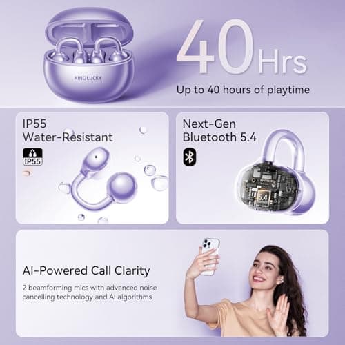 Kinglucky Jewelry-Inspired Clip-On Earbuds with Diamond Earrings, Comfortable Fit & 40H Playtime Open Ear Bluetooth 5.4 Wireless Headphones for Women, Small Ears, Sports & Workouts (Purple) - Thumbnail 5