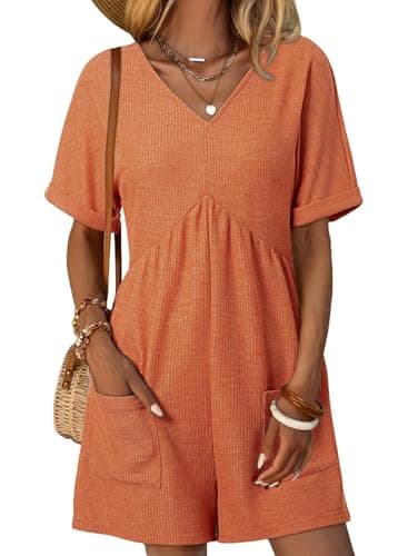 AlvaQ Womens Romper Dressy 2025 Summer Outfits Solid Color V Neck Batwing Short Sleeve Rompers Shorts Jumpsuit with Pockets Orange Small - Image 1