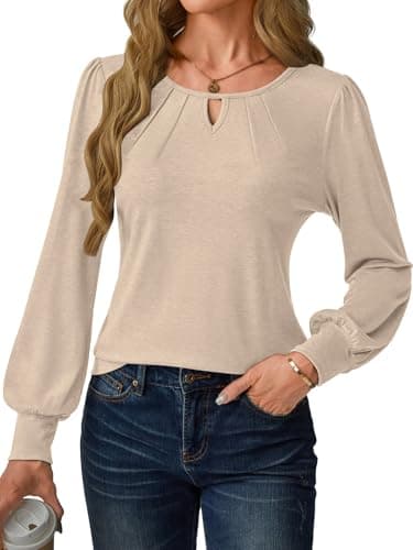 GKBK Women Long Puff Sleeve Tops Dressy Business Casual Blouses Basic Loose Fit Crewneck Work Office Shirts Pleated Cute 2025 Fall Winter Fashion Clothes Stylish Outfits Beige Medium - Thumbnail 4
