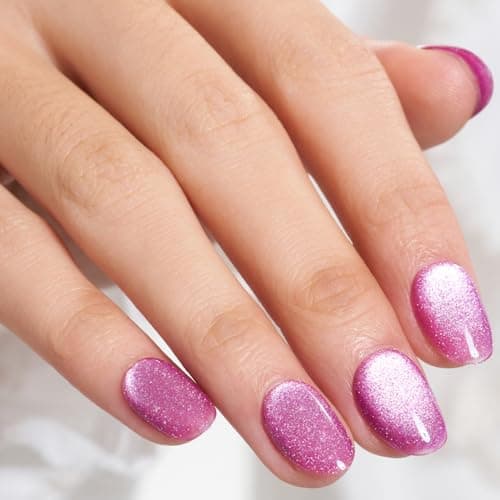GLAMERMAID Press on Nails Short Oval, Light Purple Cat Eyes Handmade Fall Gel Glue on Nails, 24Pcs Glossy Round Reusable UV Finish Fake Nails Acrylic False Nails Manicure Kits for Women - Thumbnail 6