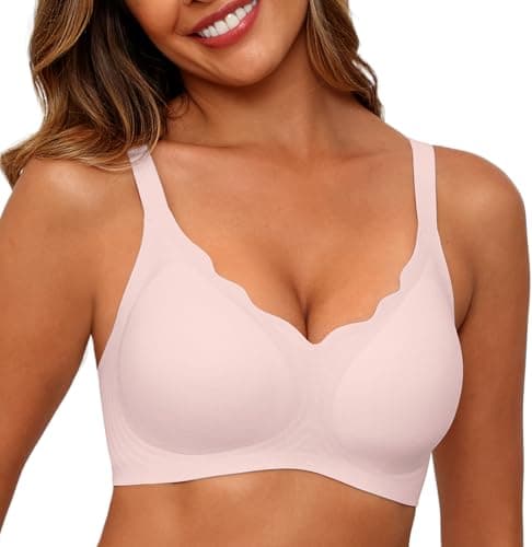 SHIJIALI Women's Seamless Bras Scalloped Push Up Support Full Coverage No Underwire Bra Wireless Comfort Tshirt Bra Pink - Image 1