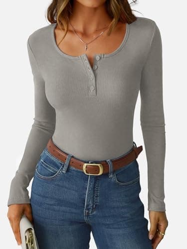 GKBK Long Sleeve Shirts Basic Tees Tshirts for Women Ribbed Fitted Tight Henley Shirts Dressy Casual Cute Spring Fall Tops 2025 Trendy Outfits Clothes Grey XXL - Thumbnail 2