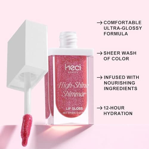 HECI BEAUTY Glitter Lip Gloss, Hydrating High Shine Lipgloss for Women, Non-Sticky Plumping Lip Oil with Vitamin E, Long Lasting Shimmer Finish for Daily Makeup, Fuchsia, 0.21 fl oz - Thumbnail 4