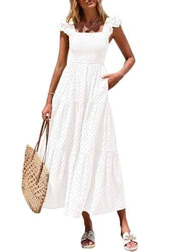 PRETTYGARDEN Womens Summer Square Neck Maxi Dresses Cap Sleeve Eyelet Smocked Tiered A Line Flowy Long Dress with Pockets (White,X-Large) - Image 1