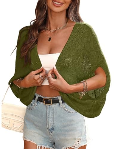 BB&KK Women's Bolero Shrug Summer Short Sleeve Crochet Lightweight Cropped Cardigans Army Green M - Image 1