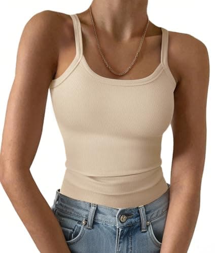 GKBK Ribbed Tank Tops for Women Spaghetti Strap Scoop Neck Slim Fitted Basic Sleeveless Casual Workout Cami Shirts Beige L - Image 1