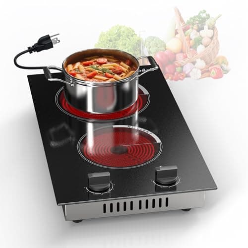 Cooksir 2 Burner Electric Cooktop - 110v Countertop and Built-in Electric Stove 2000W, 12 Inch Ceramic Stove with Residual Heat Indicator, Over-Temperature Protection, Knob Control, 110-120V Plug in