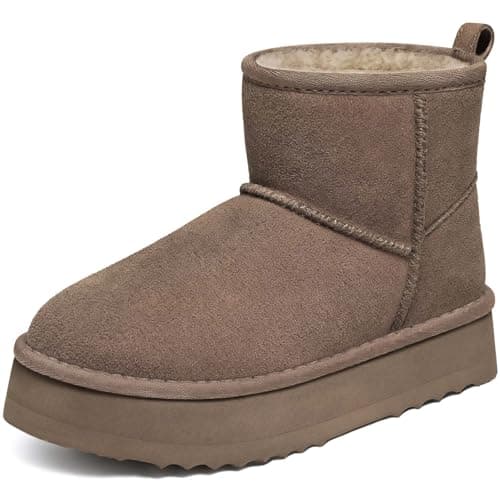 Litfun Suede Platform Mini Boots for Women Genuine Leather Fuzzy Ankle Winter Snow Boots with Fur Lined, Mocha 41 - Image 1