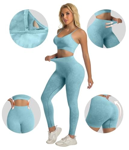 YOAKUKA Women's 4 Piece Workout Sets Seamless Acid Wash Yoga Outfits with Short Sleeve Top Sports Bra Biker Shorts High Waist Leggings Active Set - Thumbnail 4