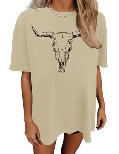 LETSEE Vintage Tees for Women Cow Skull Graphic Tshirts Oversized Loose Fit Summer Short Sleeve Tops, Dark Khaki, S - Image 1