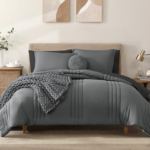 Monbix California King Size Comforter Set - 7 Pieces Bed in a Bag California King, Grey Bedding Sets with Comforter, All Seasons Comforter Bed Set with Sheets, Pillowcases & Shams - Image 1