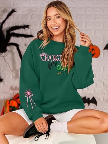 Musical Movie Sweatshirt for Women: Changed for Good Embroidered Long Sleeve Crewneck Loose Pullover Top Green - Thumbnail 3